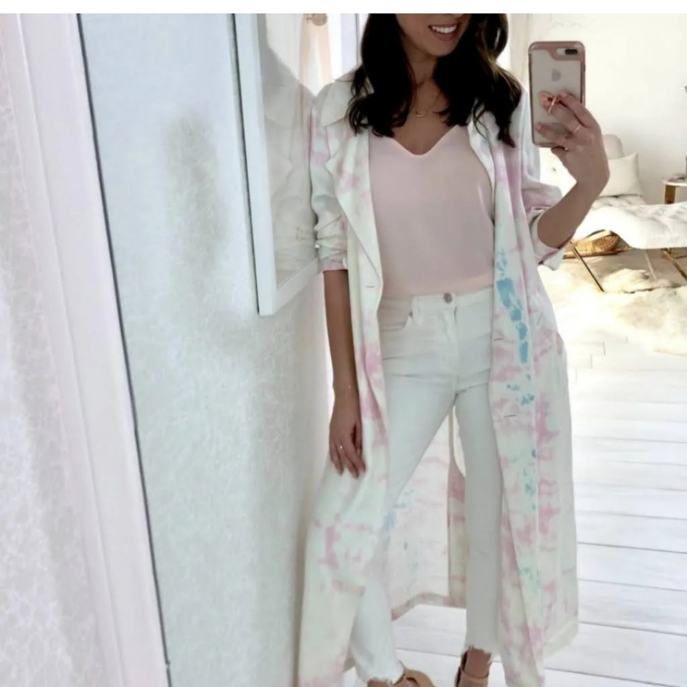 Something Navy Jackets & Coats Something Navy Satin Trench Coat Pink Tie Dye XS - Picture 2 of 8